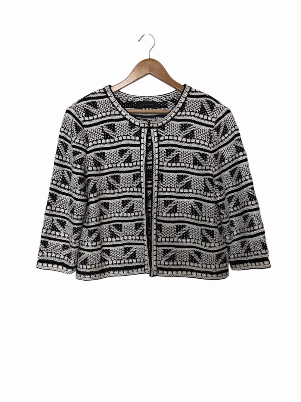 St. John Elia Caviar Bianco Geometric Knit 3/4 Sleeve Jacket